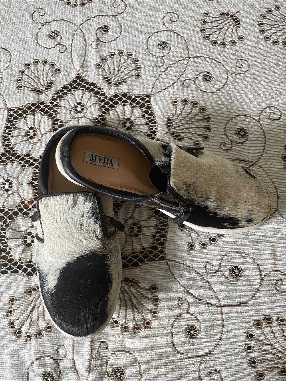 Myra Bag Black Genuine White Haircalf Backless Slip-On Sneaker Loafers OOAK